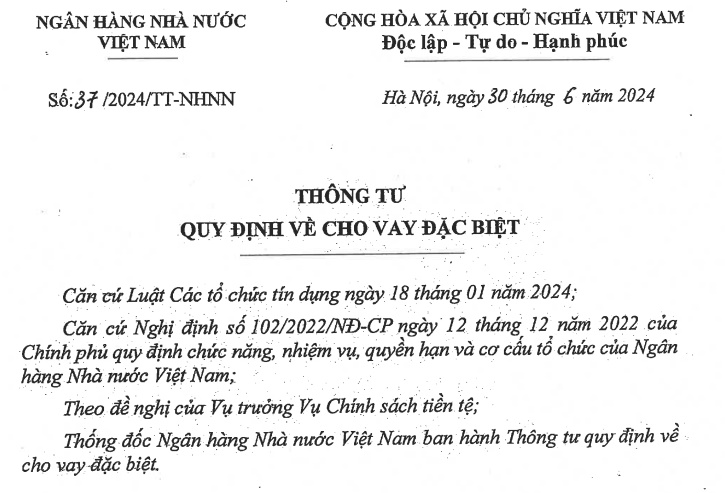 Đã có Thông tư 37 hướng dẫn cho vay đặc biệt