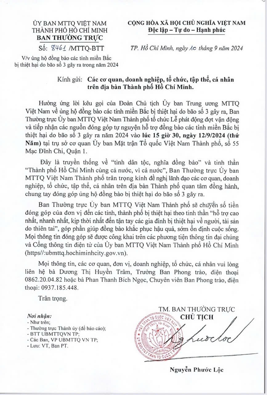 Lễ phát động ủng hộ đồng bào bị thiệt hại do bão Yagi của Mặt trận Tổ quốc TPHCM