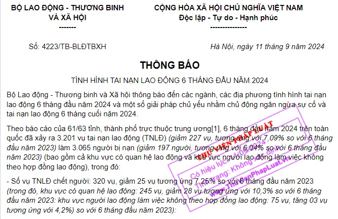 Đã có Thông báo 4223 về tình hình tai nạn lao động 6 tháng đầu năm 2024