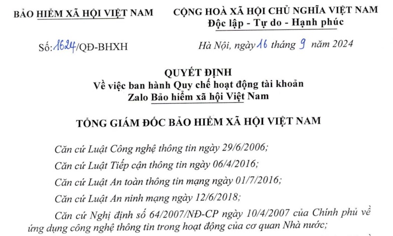 Đã có Quyết định 1624 về Quy chế hoạt động tài khoản Zalo BHXH Việt Nam