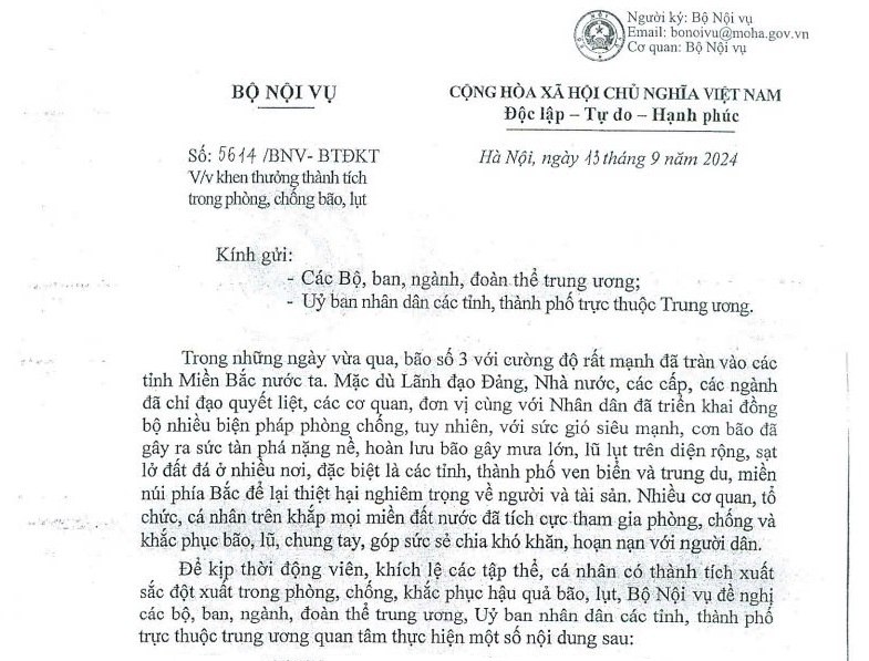 Công văn 5614 về khen thưởng thành tích trong phòng chống bão lũ của Bộ Nội vụ