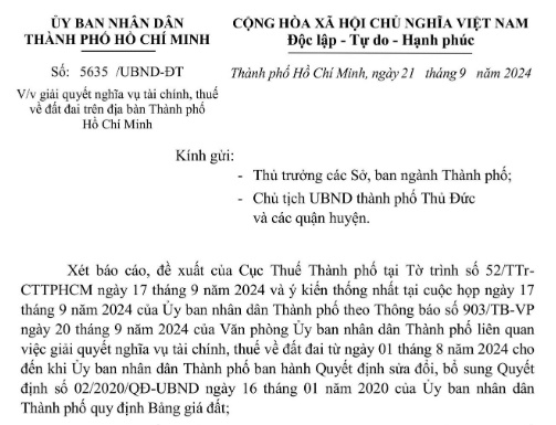 Đã có Công văn 5635 về áp dụng bảng giá đất TPHCM từ 01/8/2024