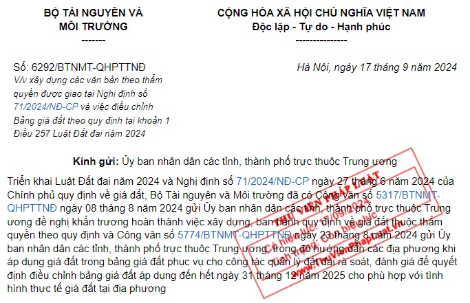 Đã có Công văn 6292 hướng dẫn điều chỉnh Bảng giá đất theo Luật Đất đai 2024