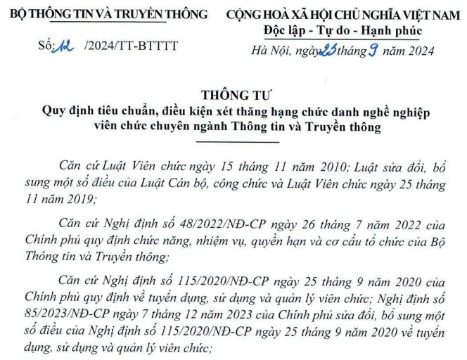 Đã có Thông tư 12/2024 hướng dẫn xét thăng hạng viên chức thông tin và truyền thông