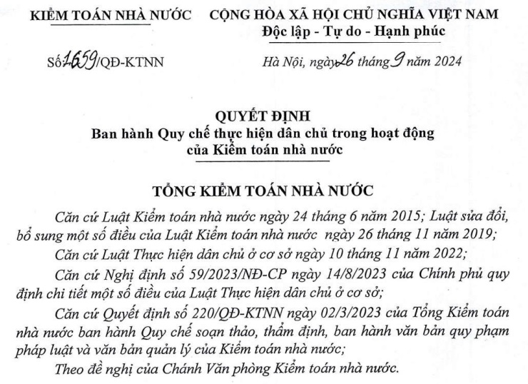 Đã có Quy chế thực hiện dân chủ trong hoạt động của Kiểm toán Nhà nước mới nhất