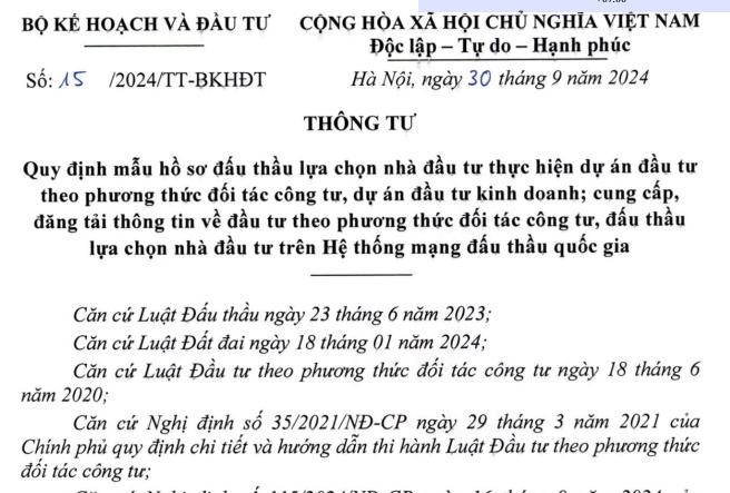 Đã có Thông tư 15/2024 mẫu hồ sơ đấu thầu lựa chọn nhà đầu tư thực hiện dự án PPP từ 15/11/2024