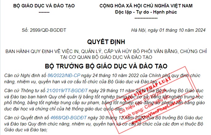 Đã có Quyết định 2699 về cấp phôi văn bằng, chứng chỉ tại cơ quan Bộ GDĐT từ 01/10/2024