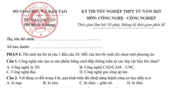 Đề minh họa thi tốt nghiệp THPT 2025 môn Công nghệ kèm đáp án