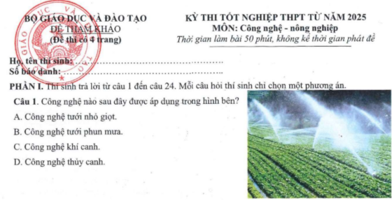 Đề minh họa thi tốt nghiệp THPT 2025 môn Công nghệ kèm đáp án