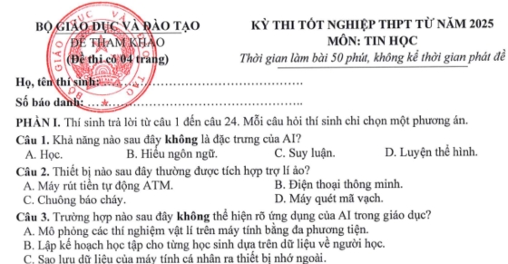 Đề minh họa môn Tin học thi tốt nghiệp THPT 2025 kèm đáp án 