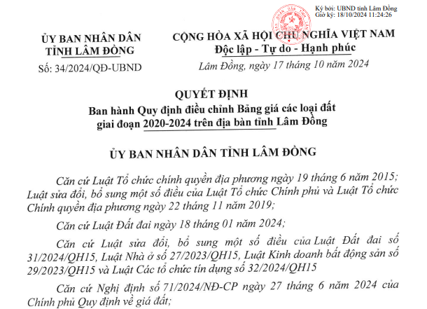 Bảng giá đất tỉnh Lâm Đồng cập nhật mới nhất 2024