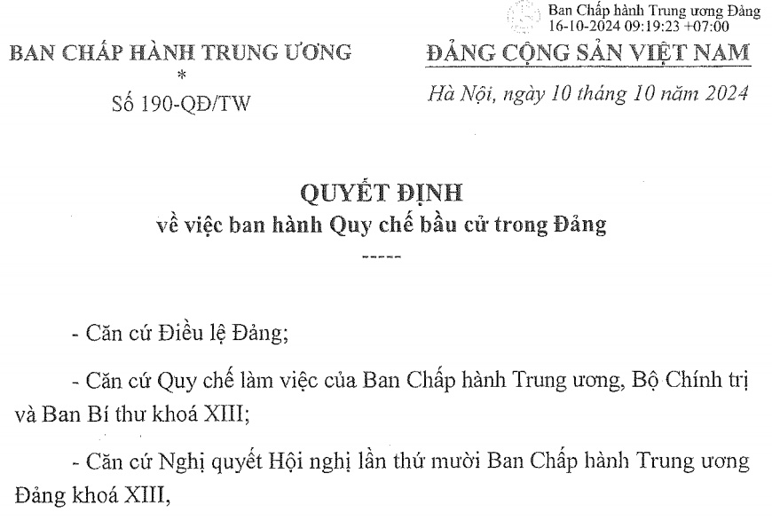 Đã có Quyết định 190 năm 2024 về quy chế bầu cử trong Đảng