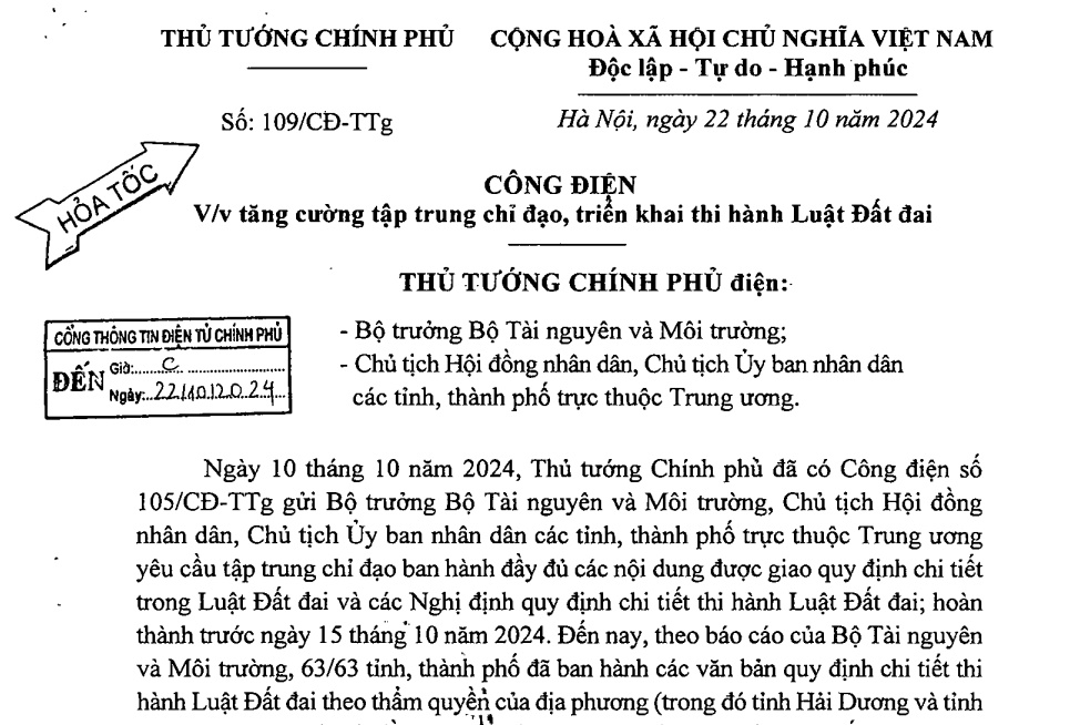 Đã có Công điện 109 tăng cường tập trung triển khai thi hành Luật Đất đai