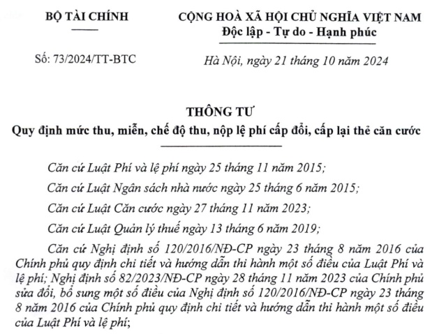 Đã có Thông tư 73/2024 về lệ phí cấp thẻ căn cước mới nhất