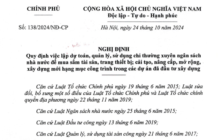 Ban hành Nghị định 138 về sử dụng chi thường xuyên để mua sắm tài sản thiết bị