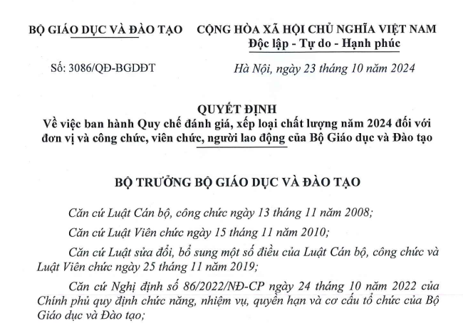 Đã có Quy chế đánh giá, xếp loại chất lượng công chức, viên chức ngành giáo dục năm 2024