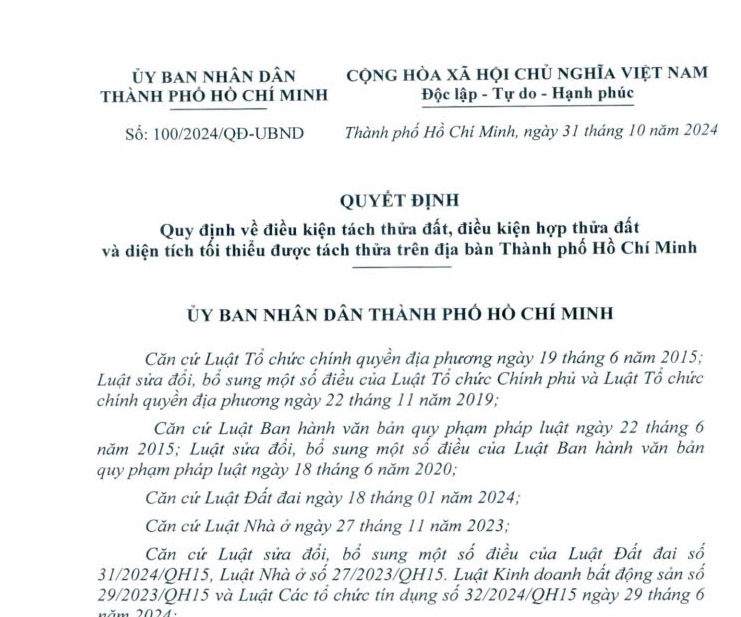 Đã có Quyết định tách thửa đất tại TPHCM từ ngày 31/10/2024