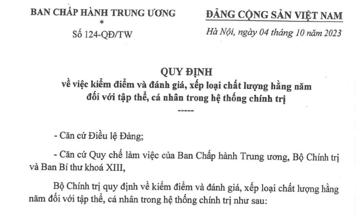 Quy định 124-QĐ/TW về kiểm điểm và đánh giá, xếp loại chất lượng hằng năm với tập thể, cá nhân