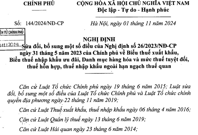 Đã có Nghị định 144/2024 sửa đổi Biểu thuế xuất nhập khẩu từ 16/12/2024