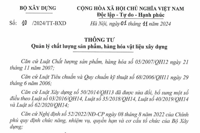 Đã có Thông tư 10/2024 về quản lý chất lượng sản phẩm, hàng hóa vật liệu xây dựng