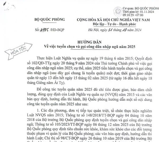 Đã có hướng dẫn 4705 về tuyển chọn và gọi công dân nhập ngũ năm 2025