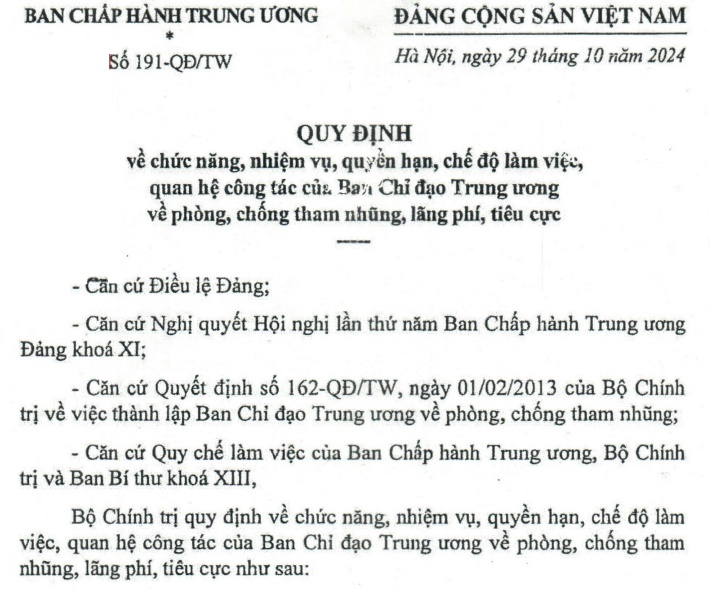 Đã có Quy định 191 về Ban Chỉ đạo Trung ương về phòng chống tham nhũng, lãng phí tiêu cực