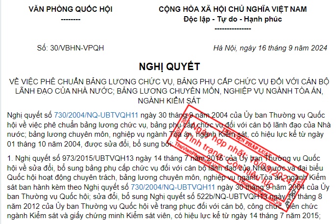 Đã có Văn bản hợp nhất Nghị quyết về bảng lương chức vụ của cán bộ lãnh đạo Nhà nước