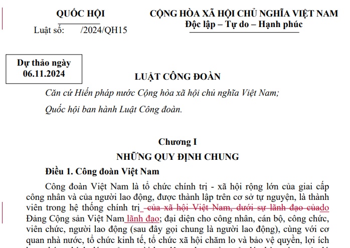 Cập nhật mới dự thảo Luật Công đoàn sửa đổi (Dự thảo ngày 06/11/2024)