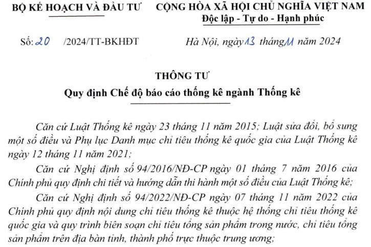 Đã có Thông tư 20/2024 về Chế độ báo cáo thống kê ngành Thống kê từ 01/01/2025