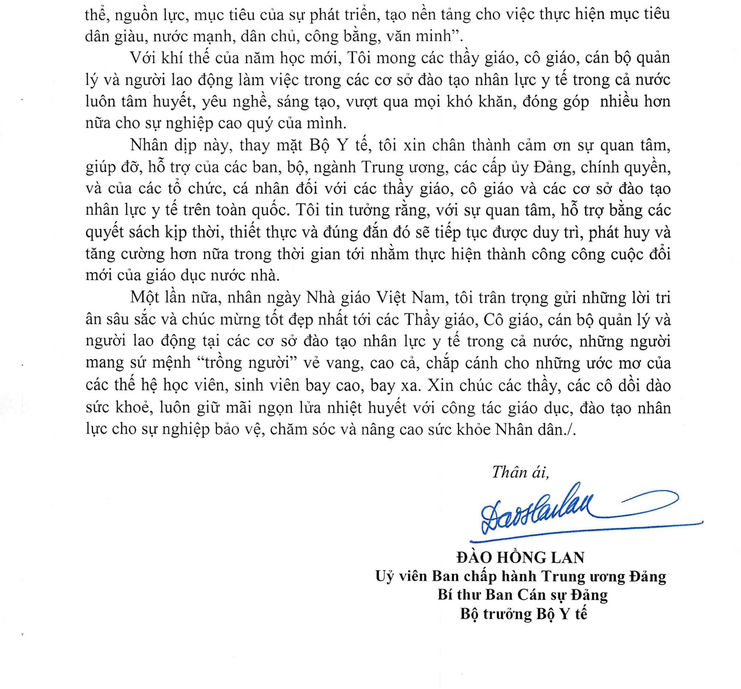  Thư chúc mừng Ngày Nhà giáo Việt Nam 20/11 của Bộ trưởng Bộ Y tế Đào Hồng Lan