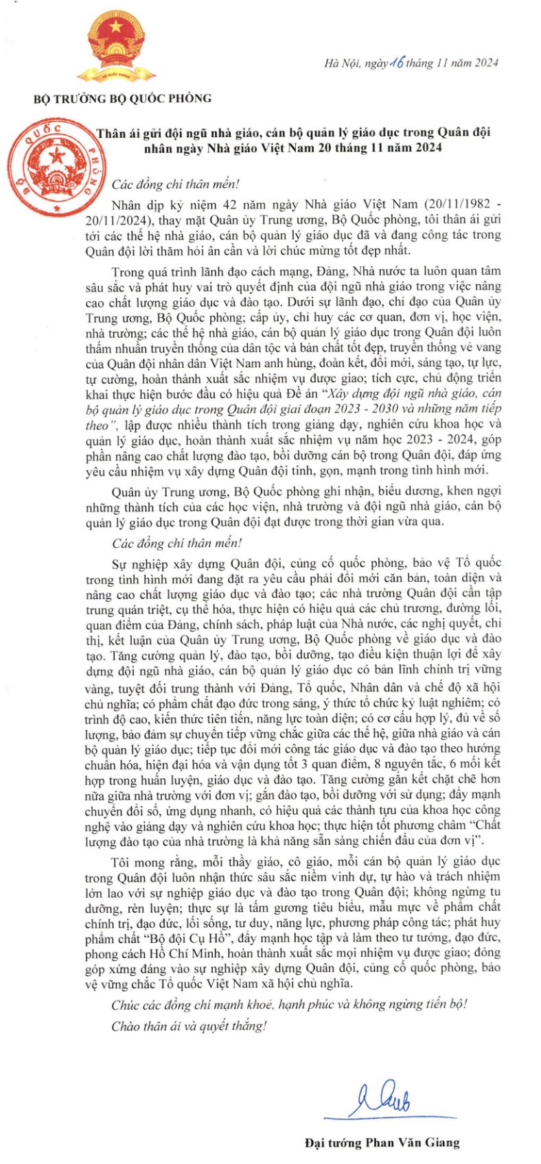  Thư chúc mừng Ngày Nhà giáo Việt Nam 20/11 của Bộ trưởng Bộ Quốc phòng Đại tướng Phan Văn Giang