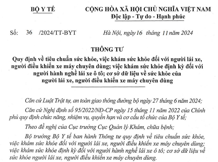 Đã có Thông tư 36/2024 về khám sức khỏe của người lái xe từ 01/01/2025