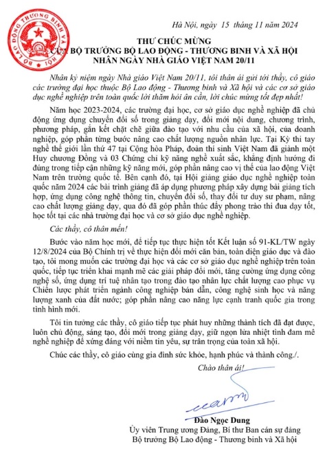 Thư chúc mừng ngày Nhà giáo Việt Nam 20/11 của Bộ trưởng Bộ Lao động - Thương binh và Xã hội