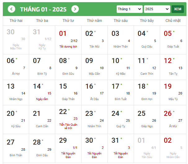Mùng 1 Tết âm lịch 2025 là ngày mấy dương lịch?