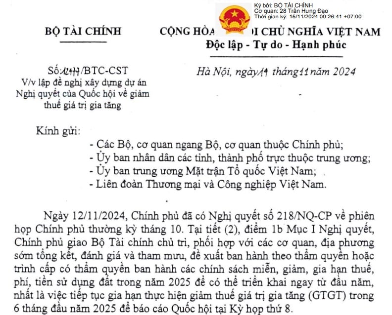 Công văn 12477 về xây dựng Nghị quyết giảm 2% thuế GTGT trong 06 tháng đầu năm 2025