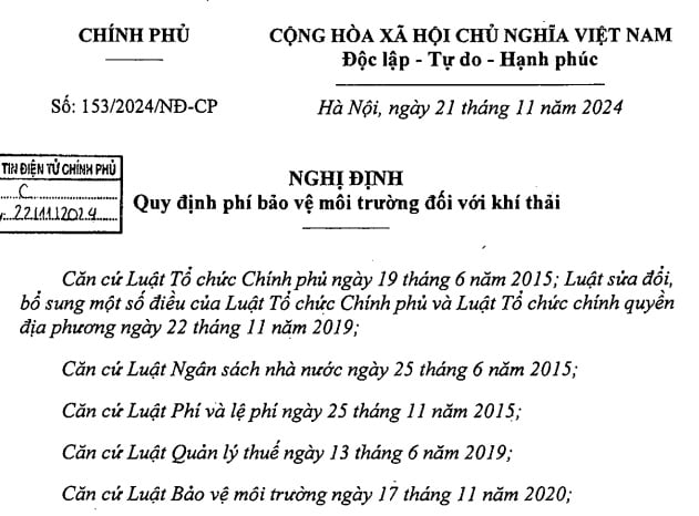 Đã có Nghị định 153/2024 về phí bảo vệ môi trường đối với khí thải