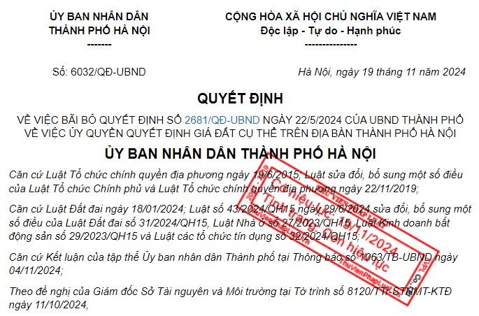 Bãi bỏ Quyết định 2681 về ủy quyền quyết định giá đất cụ thể ở thành phố Hà Nội