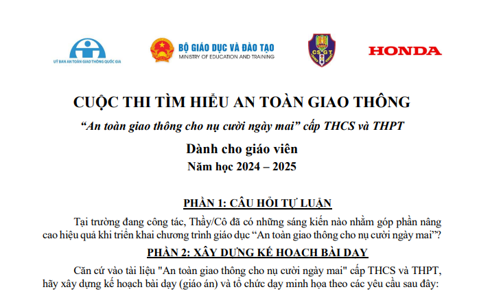 Câu hỏi Cuộc thi An toàn giao thông cho nụ cười ngày mai dành cho giáo viên năm 2024-2025