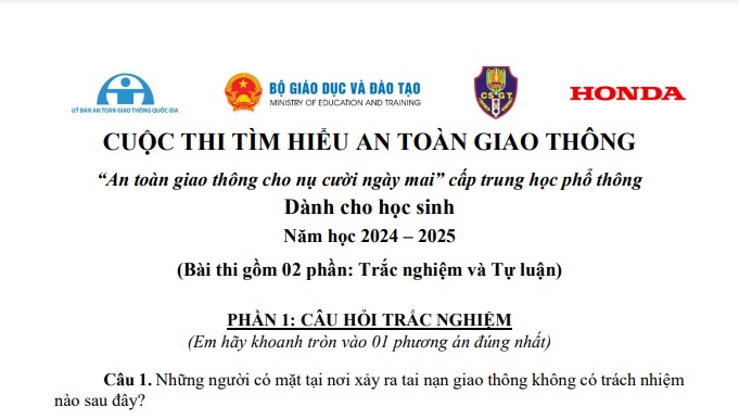 Đáp án Cuộc thi An toàn giao thông cho nụ cười ngày mai cấp trung học phổ thông năm 2024-2025