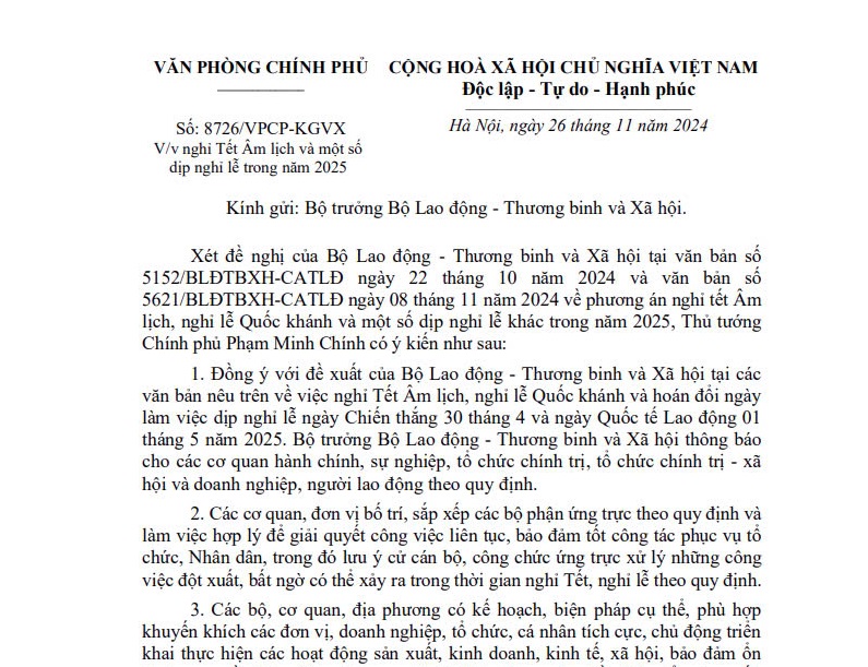 Công văn 8726: Thủ tướng đồng ý nghỉ Tết Âm lịch 2025 09 ngày liên tục (Hình từ văn bản)