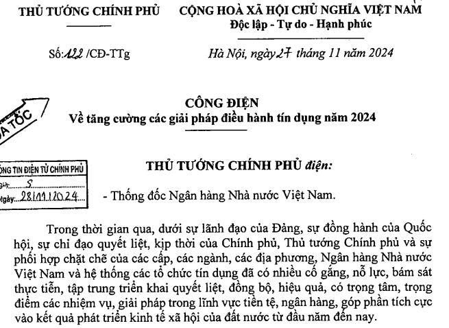 Đã có Công điện 122 về tăng cường điều hành tín dụng năm 2024