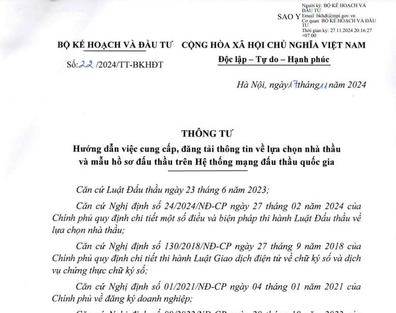 Đã có Thông tư 22/2024 về đăng tải thông tin về lựa chọn nhà thầu qua mạng từ 01/01/2025 (thay thế Thông tư 06/2024) 