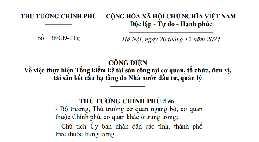 Đã có Công điện 138 về Tổng kiểm kê tài sản công