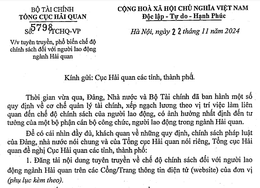 Đã có Công văn 5798 về chế độ của người lao động ngành Hải quan