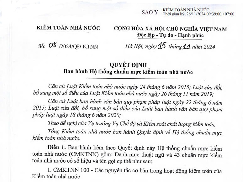Đã có Hệ thống 43 chuẩn mực kiểm toán nhà nước theo Quyết định 08 năm 2024