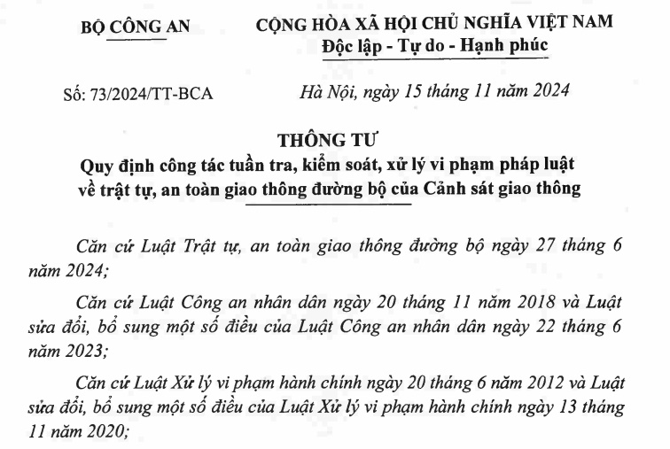 Đã có Thông tư 73/2024 về tuần tra, kiểm soát của Cảnh sát giao thông từ 01/01/2025