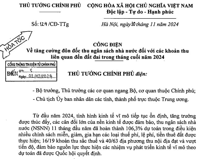 Đã có Công điện 124 về tăng cường thu ngân sách các khoản liên quan đến đất đai trong tháng cuối năm 2024