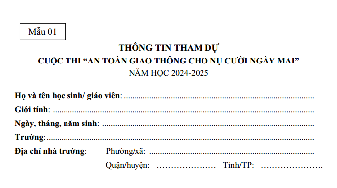 Mẫu tham dự Cuộc thi An toàn giao thông cho nụ cười ngày mai năm 2024-2025