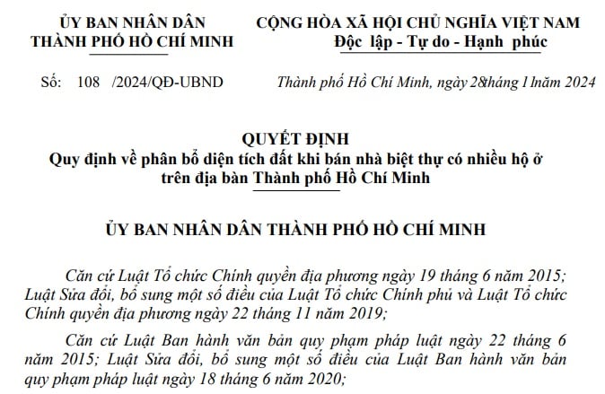 Đã có Quyết định 108/2024 về phân bổ diện tích đất khi bán nhà biệt thự có nhiều hộ ở TPHCM