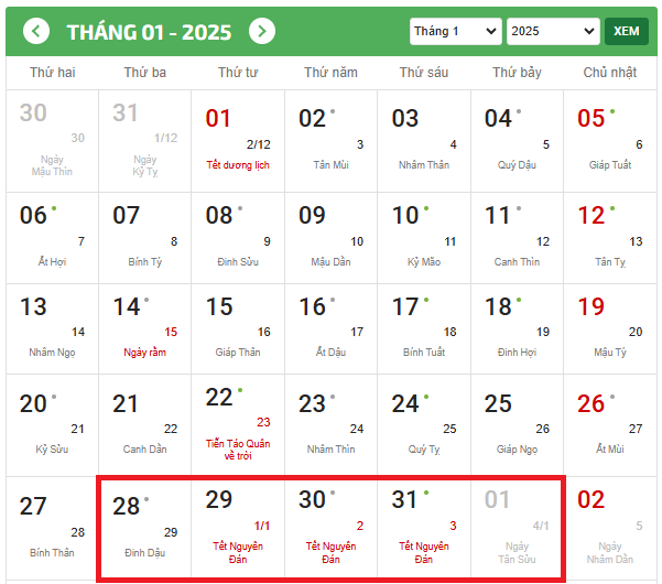 04 phương án lịch nghỉ Tết Âm lịch 2025 của người lao động